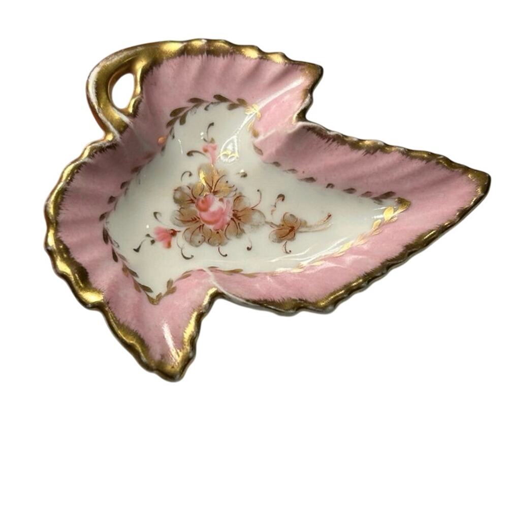 Antique Limoges France Trinket Ring Dish Pink Gold Leaf Peint Main EG 4.25"